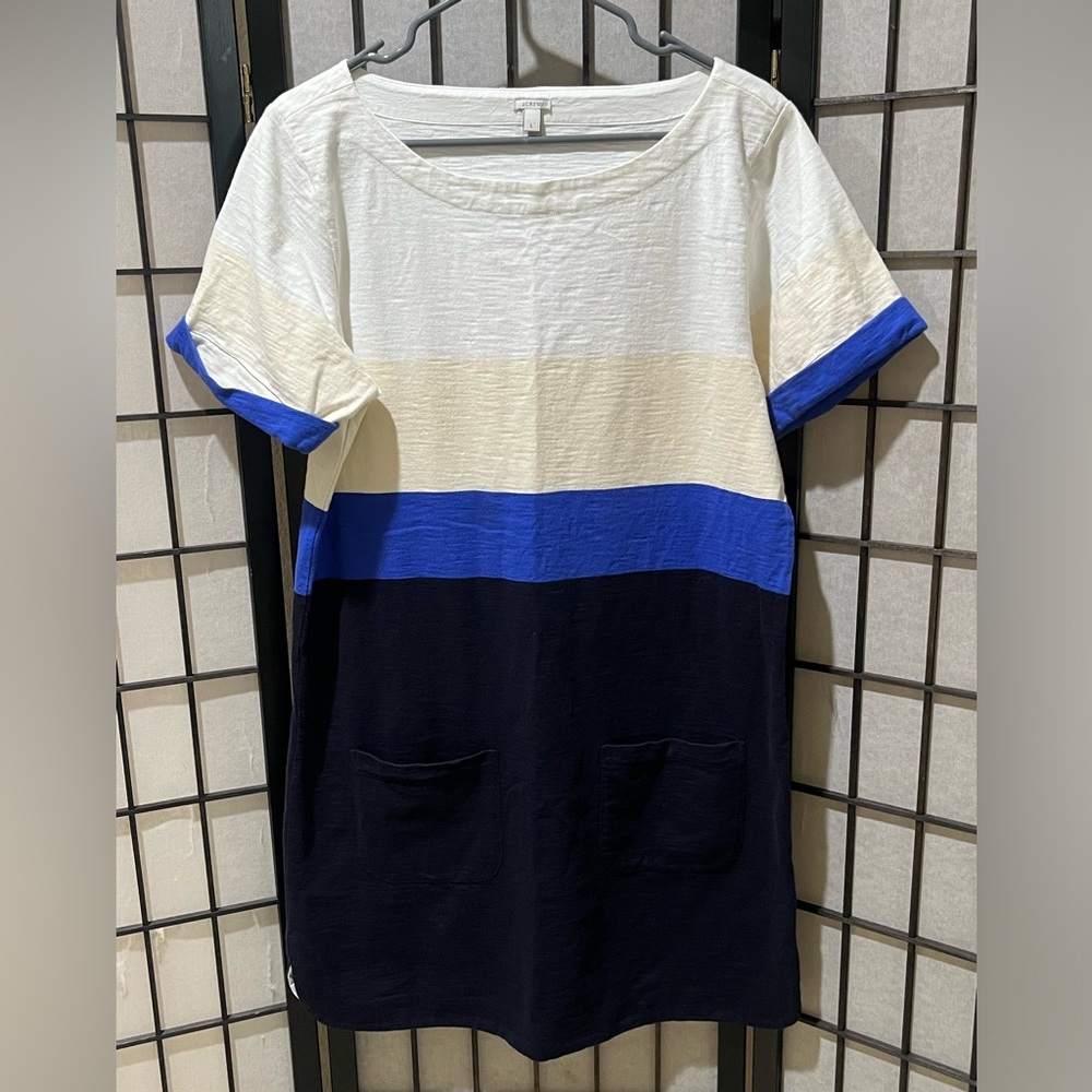 J. CREW Colorblock Short Sleeve SHIFT Dress White, Royal Blue & Navy WOMEN SZ L